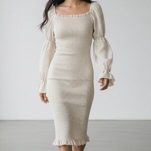 SNDYS Courtney Midi Dress Cream Gingham Smocked Milkmaid size 6